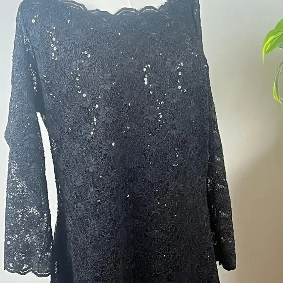 Onyx Nite Black Sequin V Neck Knee Length Dress Size 16 - Picture 3 of 9